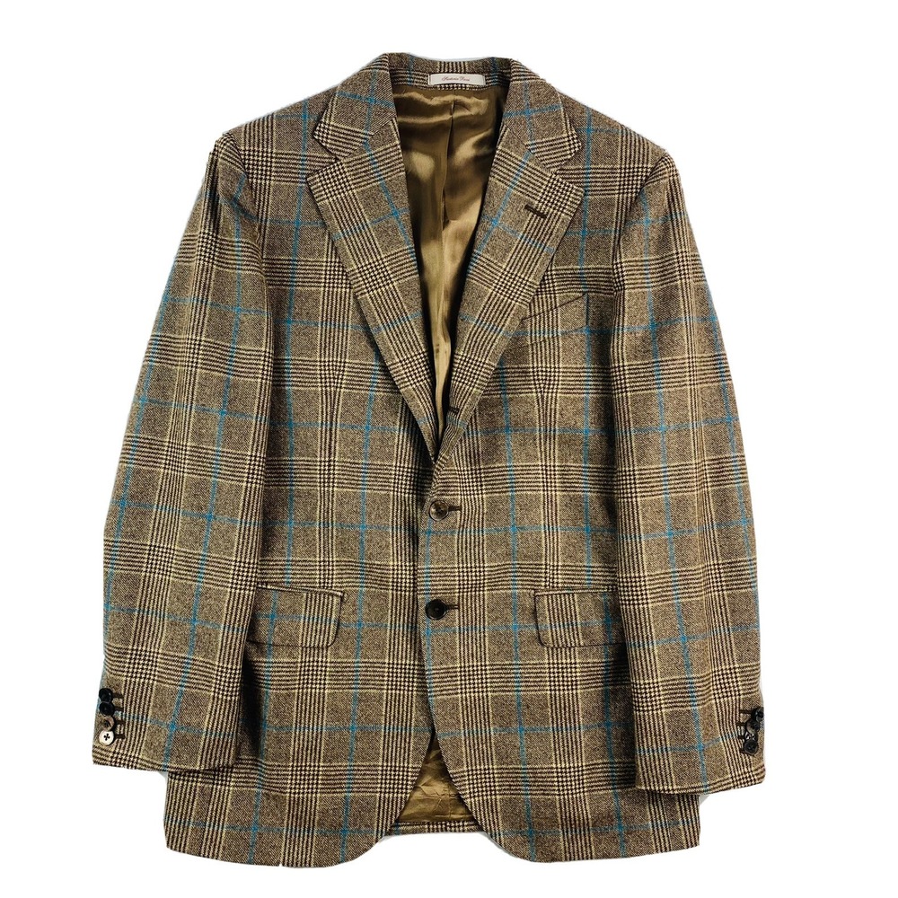Sartoria Rossi Brown‎ Blue Windowpane Checked Vitale Barberis Wool Cashmere 34S